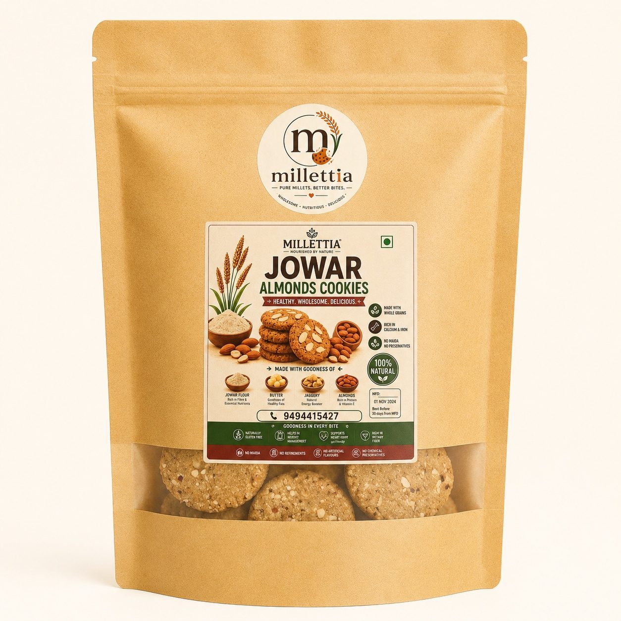 Jowar Almond Cookies — homemade millet snack by Millettia, Hyderabad