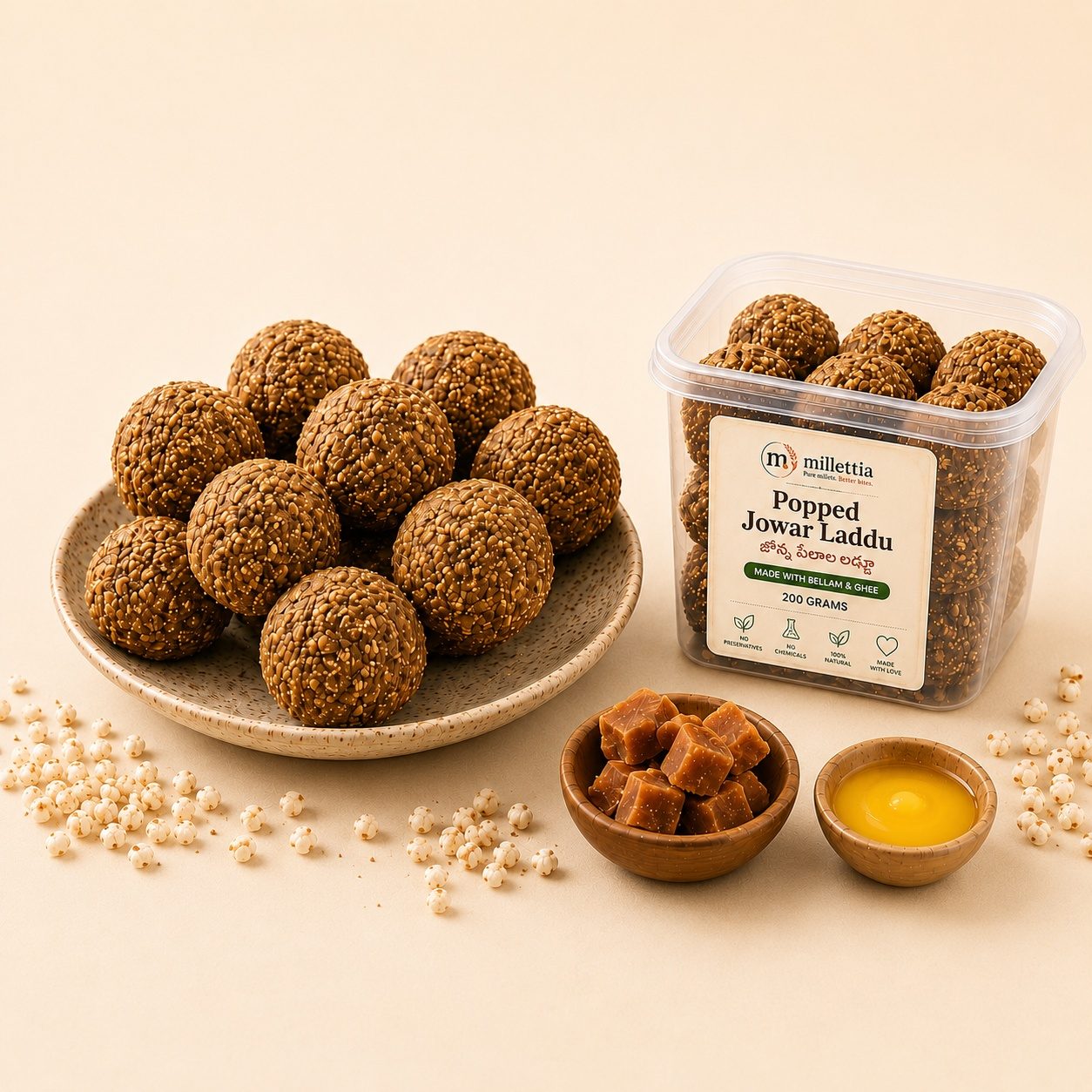 Popped Jowar Laddu — homemade millet snack by Millettia, Hyderabad